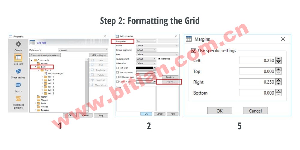 有关如何在 CODESOFT 中使用 GridField 设置网格格式的屏幕截图