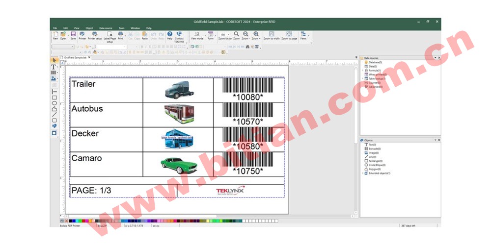 在 CODESOFT 中使用 GridField 完成的标签